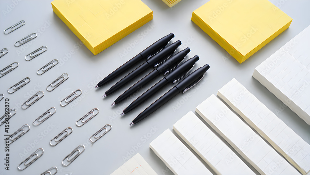 Fototapeta premium Organized Workspace Essentials: A top-down view showcases an organized arrangement of essential office supplies. The scene includes neatly aligned pens, sticky notes, paper clips, and memo pads.