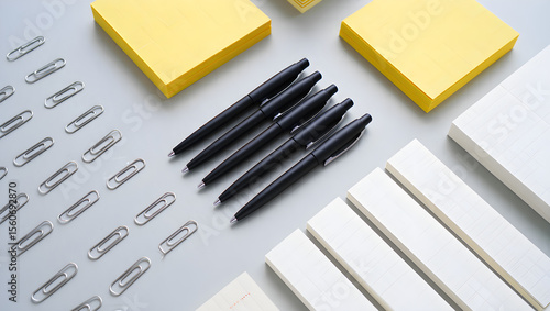 Organized Workspace Essentials: A top-down view showcases an organized arrangement of essential office supplies. The scene includes neatly aligned pens, sticky notes, paper clips, and memo pads.