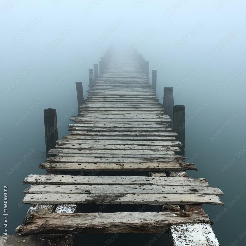 Fototapeta premium Mysterious wooden pier stretching into foggy waters during early morning hours