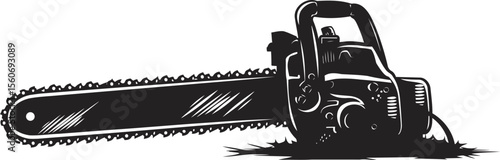 Black and White Illustration of a Powerful Chainsaw Ready for Action