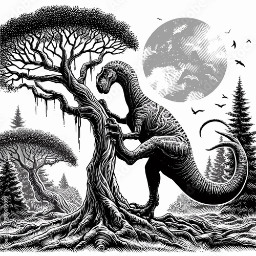 Therizinosaurus Scratching a Tree in a Prehistoric Forest