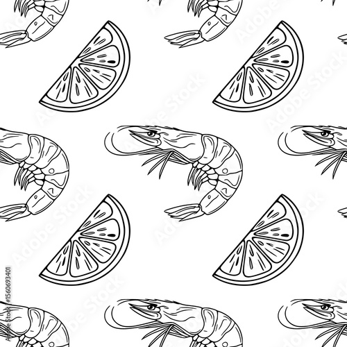 Seamless vector outline pattern of hand-drawn shrimps and lemon slices, a stylish black and white illustration perfect for culinary designs or seafood restaurant branding.
