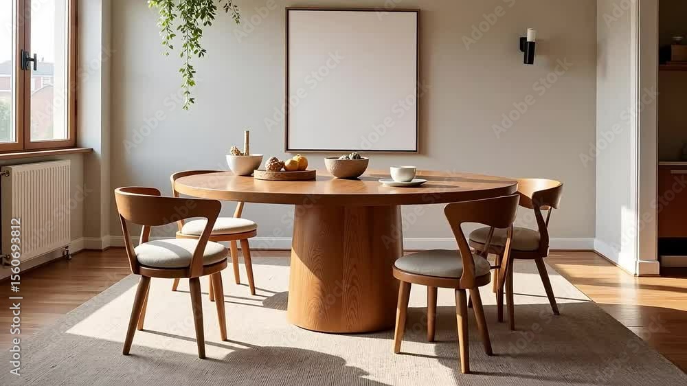 An inviting dining room featuring a round wooden table, chairs, and natural light creating a cozy interior scene An inviting dining room featuring a round wooden table, chairs, and natural light creating a cozy interior scene