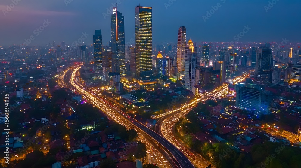 Nighttime aerial view of Jakarta’s illuminated skyscrapers and highways, vibrant urban energy Nighttime aerial view of Jakarta’s illuminated skyscrapers and highways, vibrant urban energy