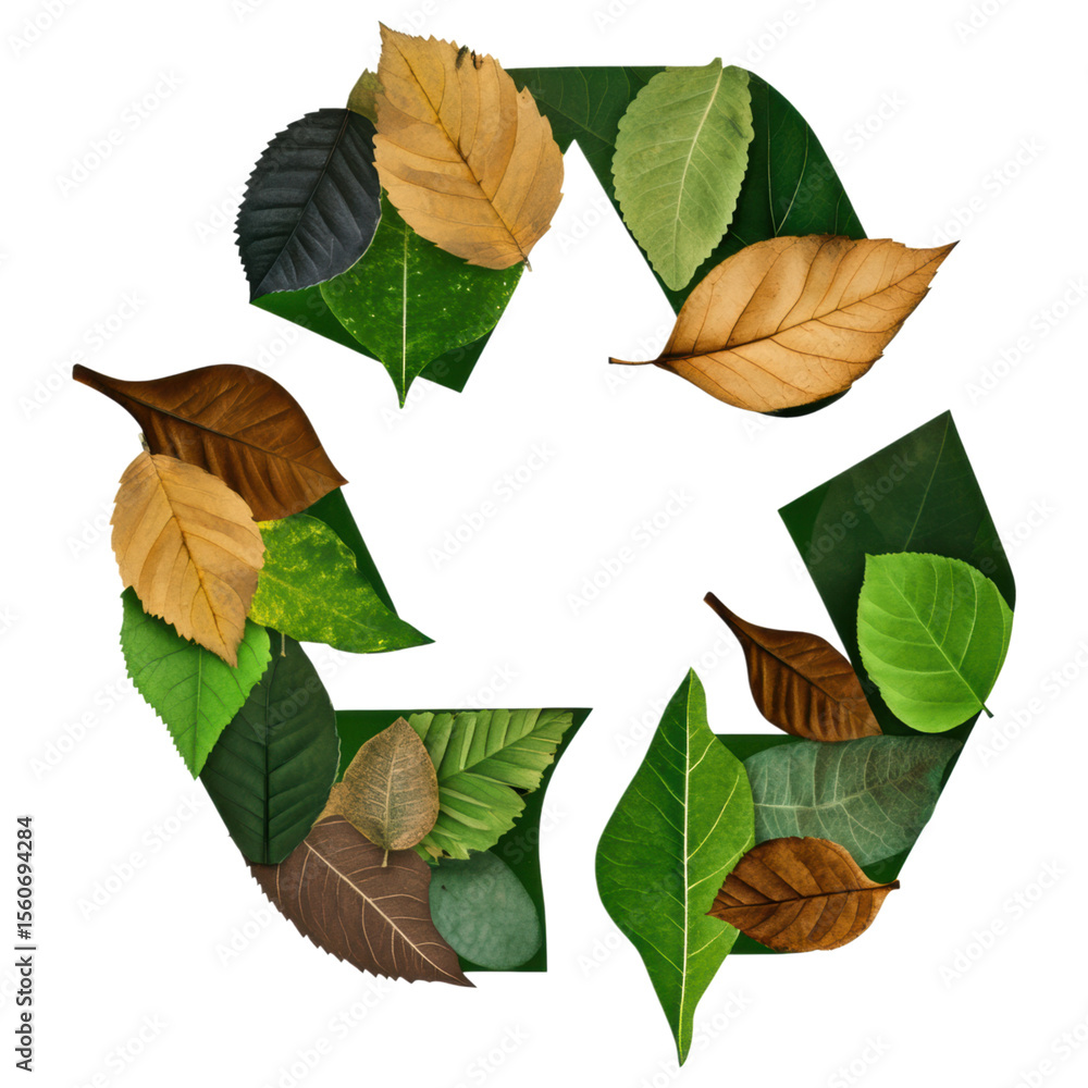 Obraz premium A circular arrangement of various green, brown, and yellow leaves showcasing diverse shapes and textures.