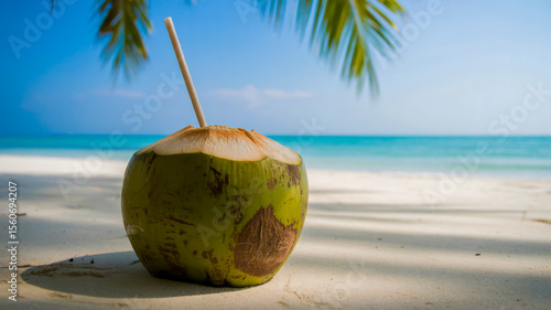 A close-up photograph of a fresh coconut drink on a pristine white sandy beach