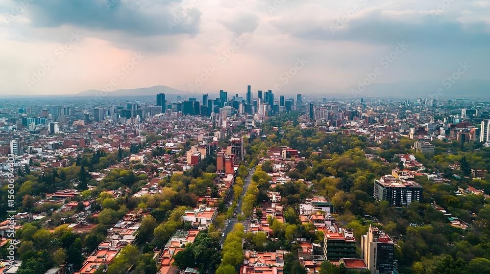 Naklejka premium Mexico City urban aerial shot capturing residential neighborhoods and commercial zones in harmony