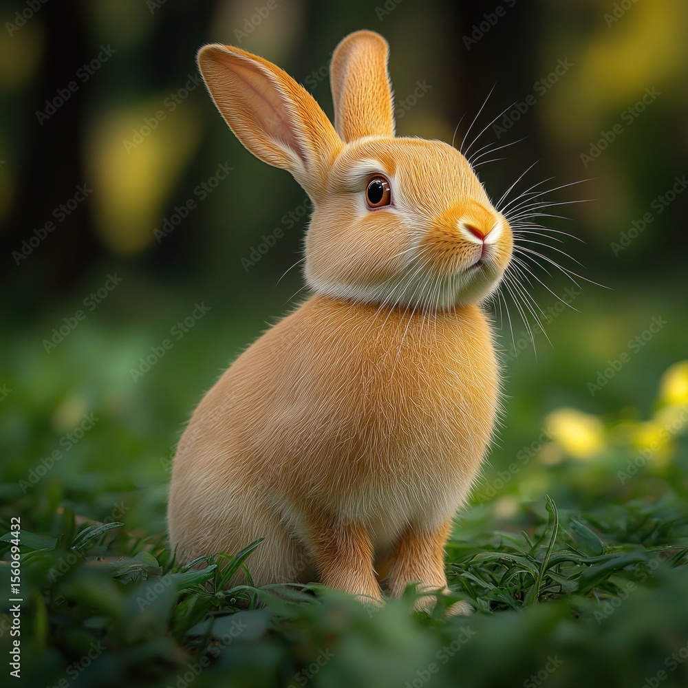 Fototapeta premium Curious rabbit explores a vibrant green forest during a sunny afternoon