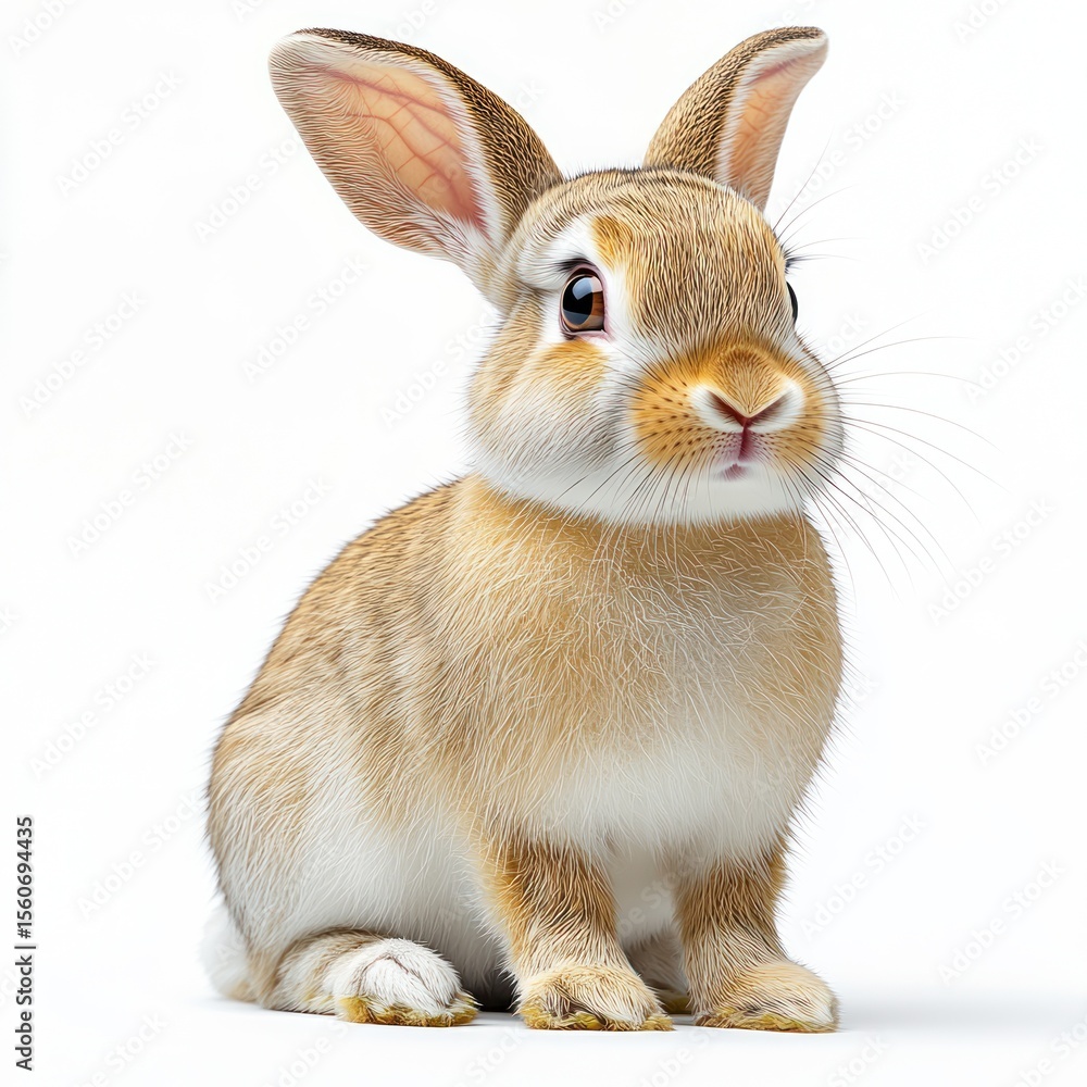 Fototapeta premium Fluffy rabbit sits calmly, highlighting its adorable face and perky ears in soft light