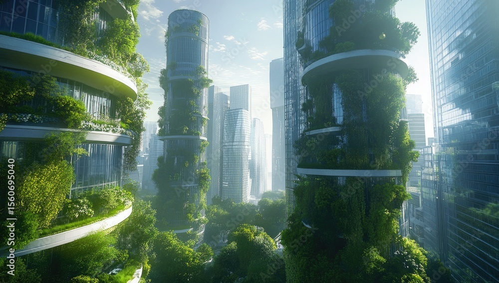Obraz premium Lush, verdant skyscrapers in a futuristic city. Sunlight streams through glass facades, highlighting abundant greenery cascading down the buildings. Modern, sustainable urban design
