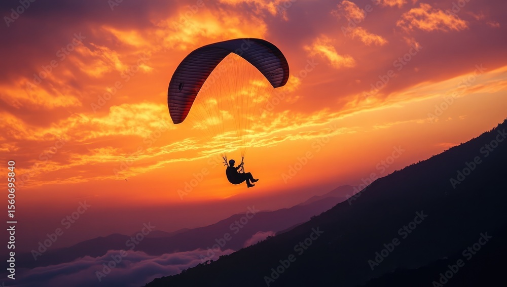 Paragliding silhouette at fiery sunset over mountains Paragliding silhouette at fiery sunset over mountains