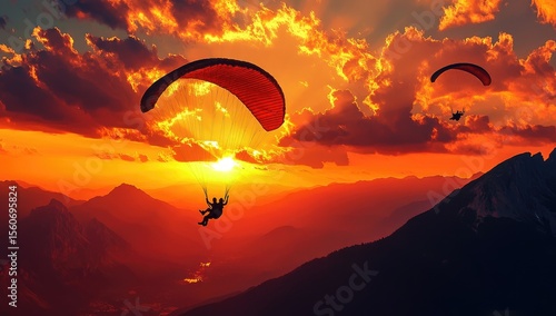 Paragliders soar above a fiery sunset over a mountain range