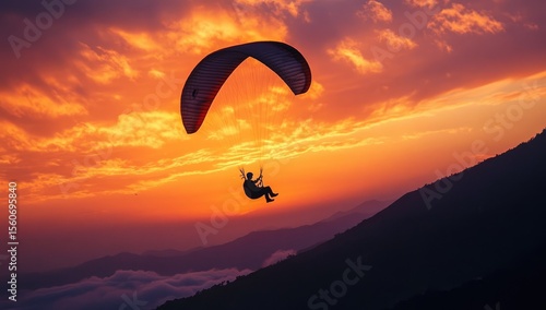 Paragliding silhouette at fiery sunset over mountains