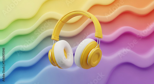 Trendy colorful headphones with rainbow wave background. Perfect for music, pop or creative visuals.