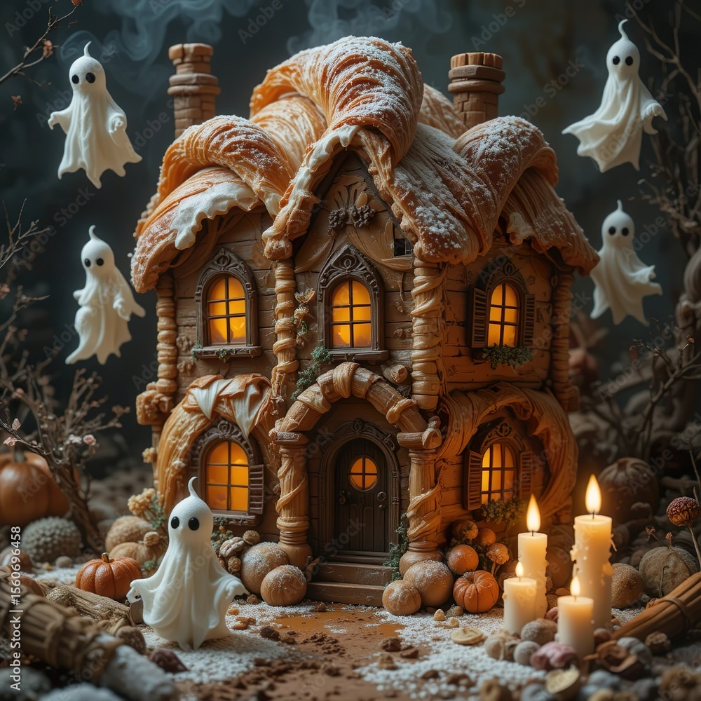 Fototapeta premium Halloween gingerbread house with ghosts, pumpkins and candles.