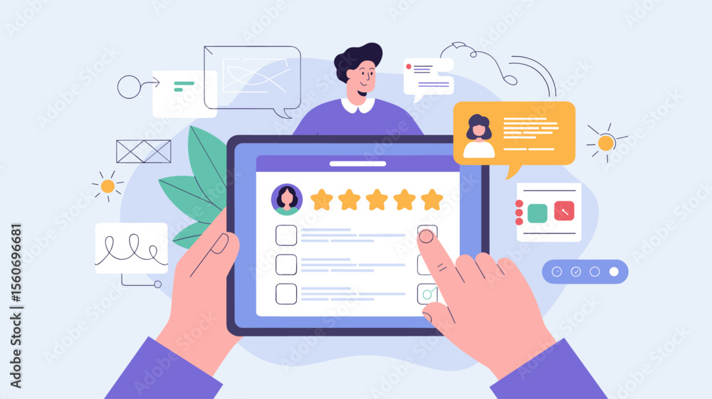 customer's hands filling out online survey on tablet, vector illustration for customer feedback, user experience review and service rating customer's hands filling out online survey on tablet, vector illustration for customer feedback, user experience review and service rating