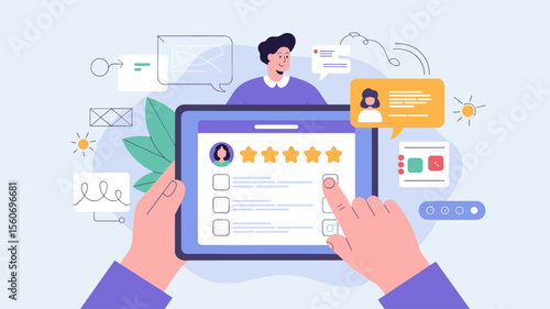 customer's hands filling out online survey on tablet, vector illustration for customer feedback, user experience review and service rating