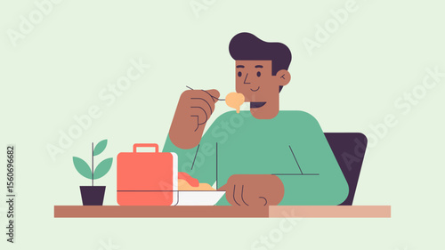employee eating from lunchbox at desk, vector illustration for office lunch break, workplace routine and meal prepping