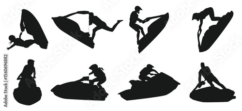 jet ski silhouette collection set sport race vehicle vacation concept different actions poses
