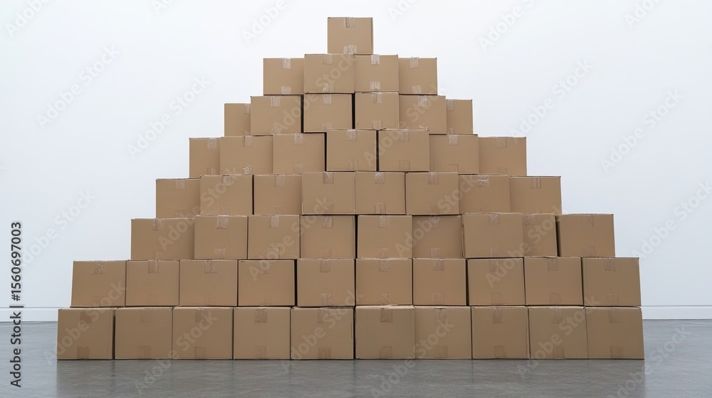 Fototapeta premium Stack of labeled moving boxes beside a white wall with plenty of copy space, ready for interior staging or unpacking themes.