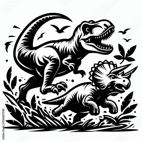 Tyrannosaurus Rex Chasing a Triceratops Across the Prehistoric Plains