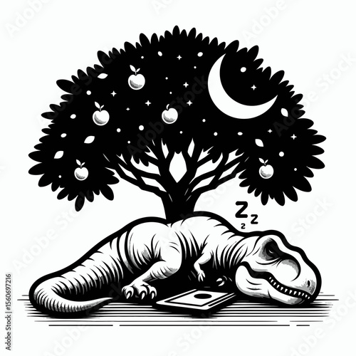 Tyrannosaurus Rex Sleeping Peacefully Under a Prehistoric Tree