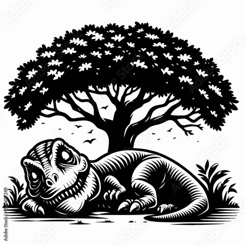 Tyrannosaurus Rex Sleeping Peacefully Under a Prehistoric Tree