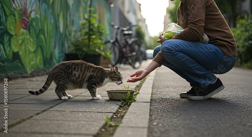 Fototapeta Naklejka Na Ścianę i Meble -  Compassionate Street Scene Person Feeding a Hungry Cat