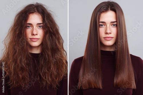 A before-and-after photo showcasing a woman's dramatic hair transformation from frizzy curls to sleek, straight hair.