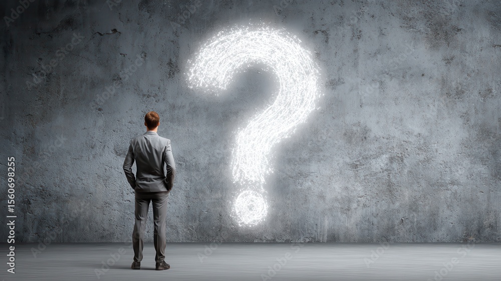 Obraz premium Business man looking at wall with a bright question mark concept, no logos, no brands