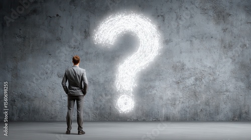 Business man looking at wall with a bright question mark concept, no logos, no brands