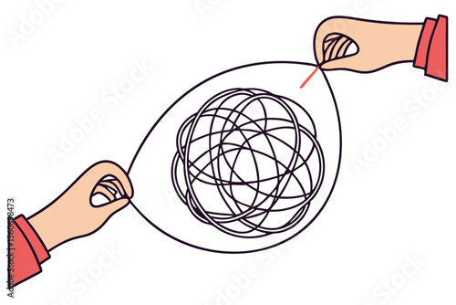 A hand pulls a thread from a tangled ball in other hand. Concept of problem solving and eliminating uncertainty. brainstorming, complexity, confused, confusion, development, difficult, doodle,
