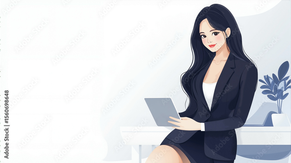 Flat Art Vector Illustration of Smart Woman in Dark Sharp Suit Standing Beside Her Desk, Mid-Body Shot on Solid White Background Flat Art Vector Illustration of Smart Woman in Dark Sharp Suit Standing Beside Her Desk, Mid-Body Shot on Solid White Background