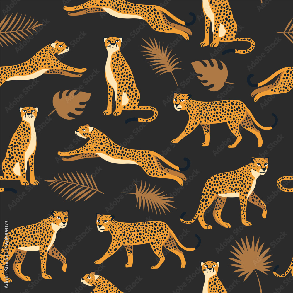 Obraz premium Seamless pattern with cute leopards or cheetah and exotic tropical leaves. Vector background.