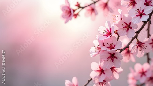 Blooming pink sakura flowers. Cherry twig background, spring time banner background
