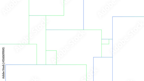 Minimalist abstract background with a white base, with a geometric pattern composed of thin, multi-sized rectangles with soft green and blue lines. Organized, and digital, with a technical