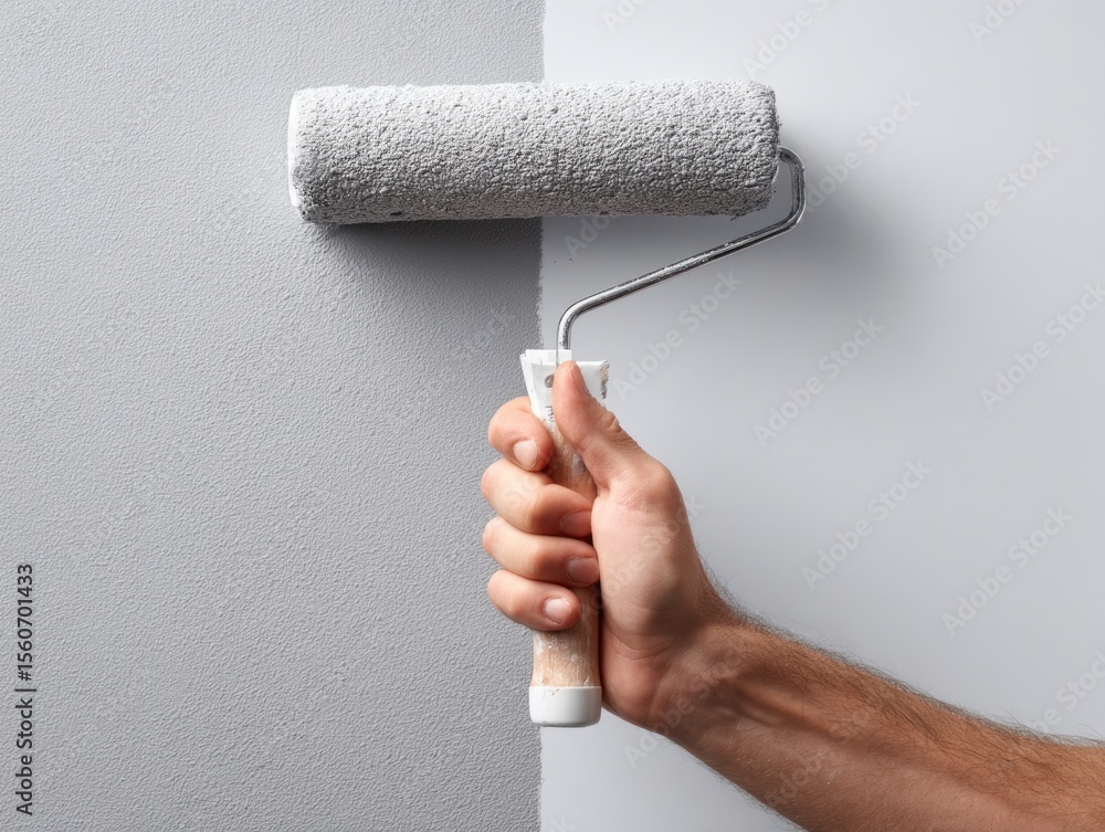 Obraz premium Painting wall with gray roller brush halfway done