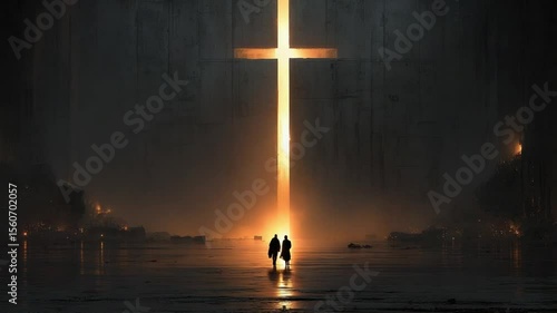 A Journey Towards the Light: Two Figures Approaching a Radiant Cross in a Dark, Industrial Setting