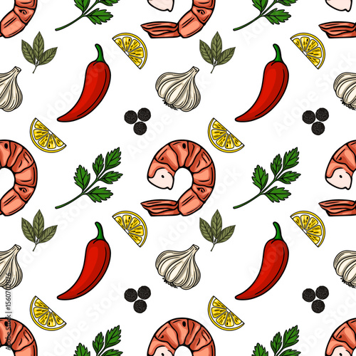 Seamless vector pattern of grilled shrimps, lemon slices, chili peppers, garlic, parsley, and black peppercorns, creating a vibrant and appetizing culinary illustration.