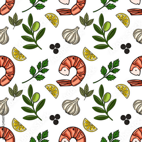 Seamless vector pattern of hand-drawn shrimps, lemon slices, garlic, olives, parsley, and peppercorns, creating a vibrant and appetizing culinary illustration perfect for food-related designs.