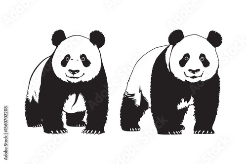 Stylized black and white pandas standing side by side