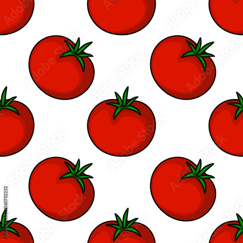 Seamless vector pattern of ripe red tomatoes with green stems, creating a vibrant and appetizing design ideal for food packaging or kitchen decor.