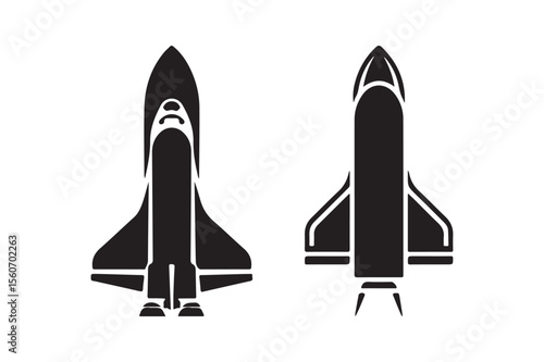 Silhouettes of space shuttles facing forward on a white background