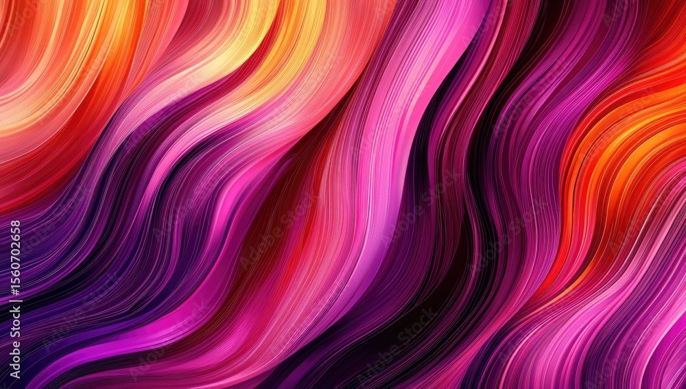 Obraz premium Abstract wavy lines of vibrant colors. Dynamic, flowing patterns of orange, yellow, pink, and purple streaks against a dark background. Intense hues create a sense of movement and energy