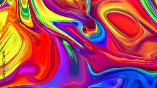 Vivid rainbow-colored paint flows in psychedelic waves, creating thick, glossy ribbons of saturated color with swirling textures and light reflections