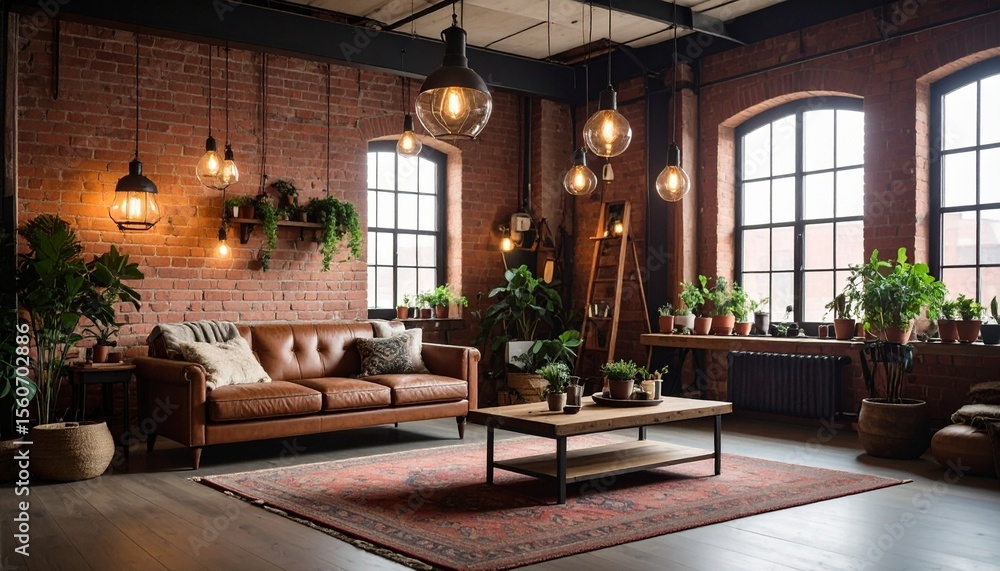 Fototapeta premium Rustic Industrial Loft Apartment Living Room Design with Exposed Brick Walls and Leather Sofa
