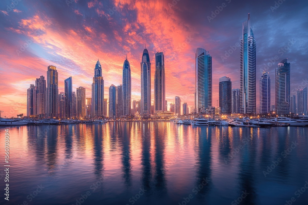 Fototapeta premium Sunrise over Dubai skyline reflecting on calm water