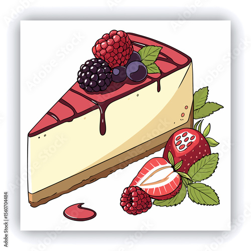 Food photography of homemade cheesecake side view covered with dark chocolate glaze, decorated with fresh garden berries on a white background isolated close up