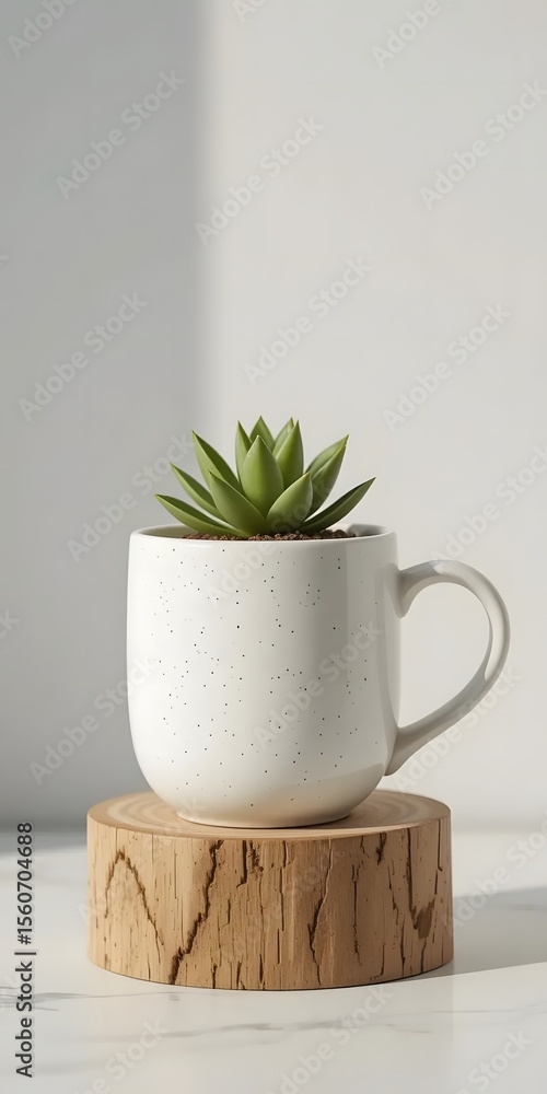 Fototapeta premium White Speckled Ceramic Mug with Small Succulent on Wooden Stand