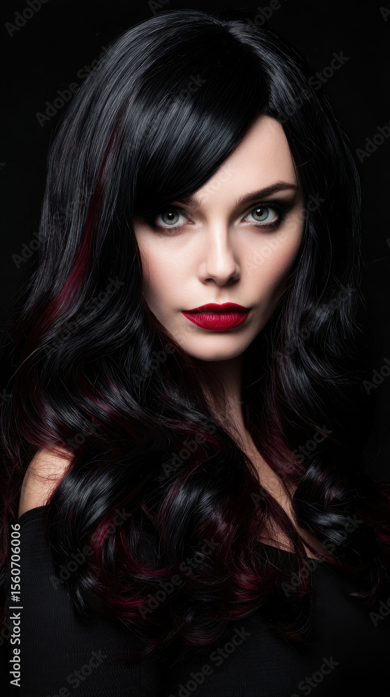 A beautiful woman with dark hair and red highlights poses seductively in front of a dark background showcasing her makeup and stylish hairstyle perfectly. A beautiful woman with dark hair and red highlights poses seductively in front of a dark background showcasing her makeup and stylish hairstyle perfectly.